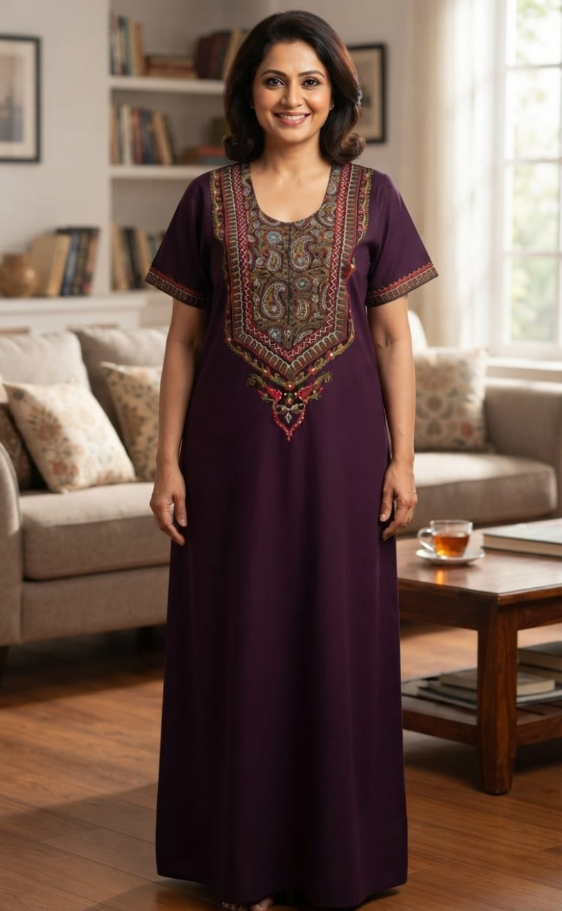 Violet Bhopali Embroidery Soft Cotton Nighty. Soft Breathable Fabric | Laces and Frills