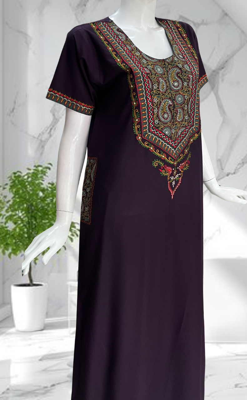 Violet Bhopali Embroidery Soft Cotton Nighty. Soft Breathable Fabric | Laces and Frills