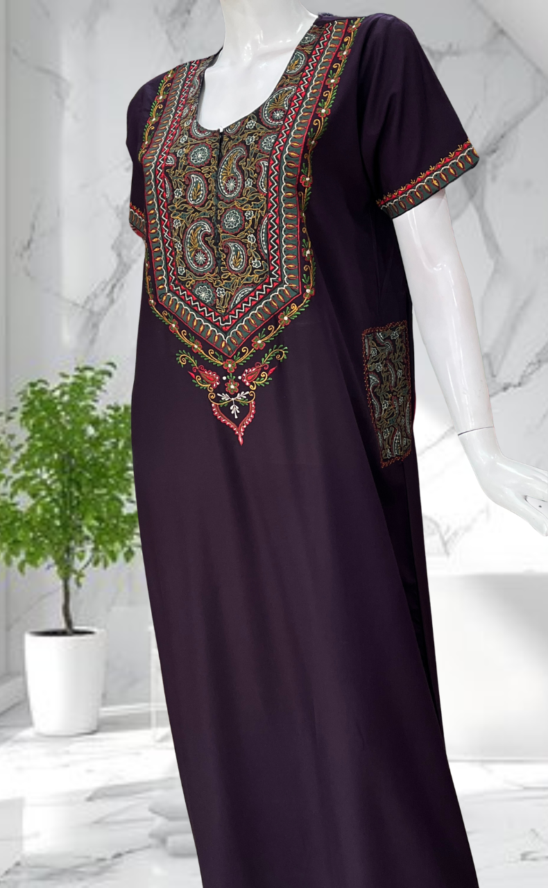 Violet Bhopali Embroidery Soft Cotton Nighty. Soft Breathable Fabric | Laces and Frills