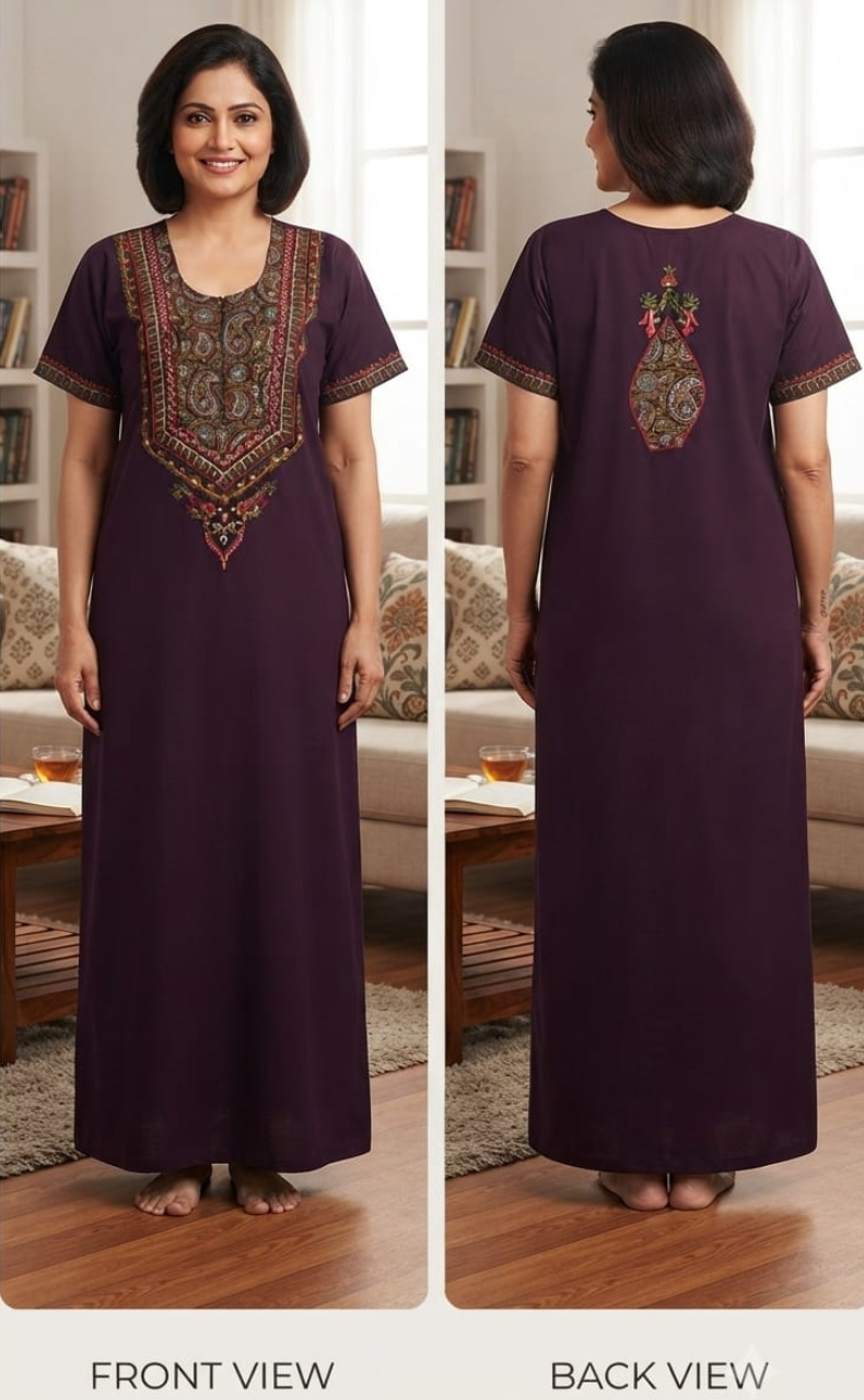 Violet Bhopali Embroidery Soft Cotton Nighty. Soft Breathable Fabric | Laces and Frills
