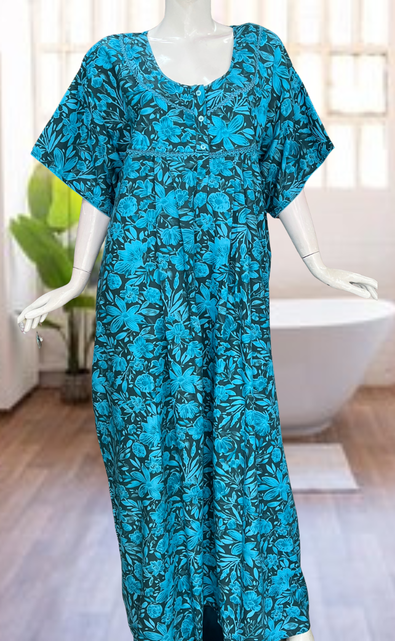 Sky Blue Floral Soft Cotton Nighty. Soft Breathable Fabric | Laces and Frills
