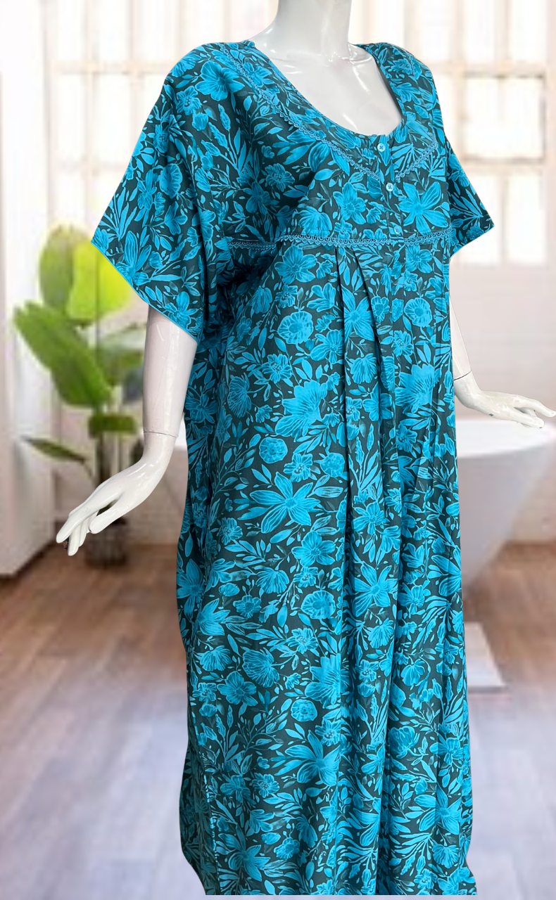 Sky Blue Floral Soft Cotton Nighty. Soft Breathable Fabric | Laces and Frills