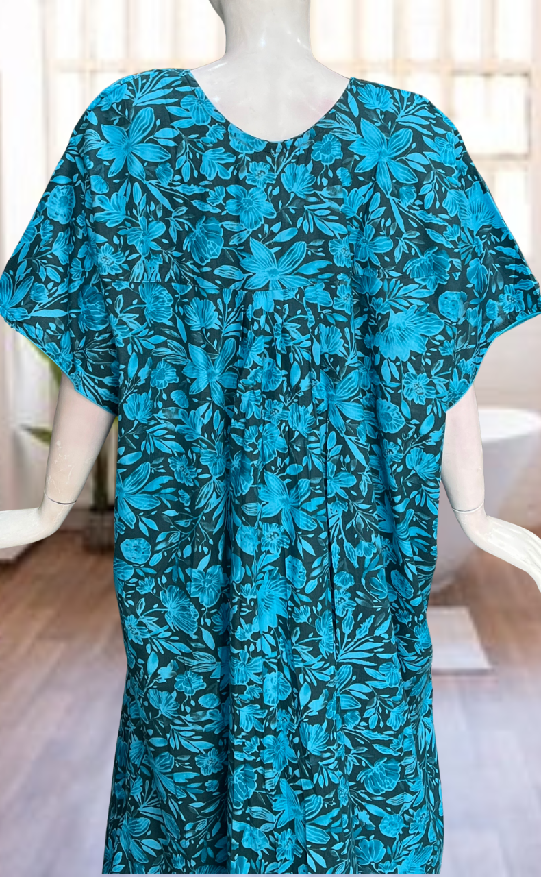 Sky Blue Floral Soft Cotton Nighty. Soft Breathable Fabric | Laces and Frills