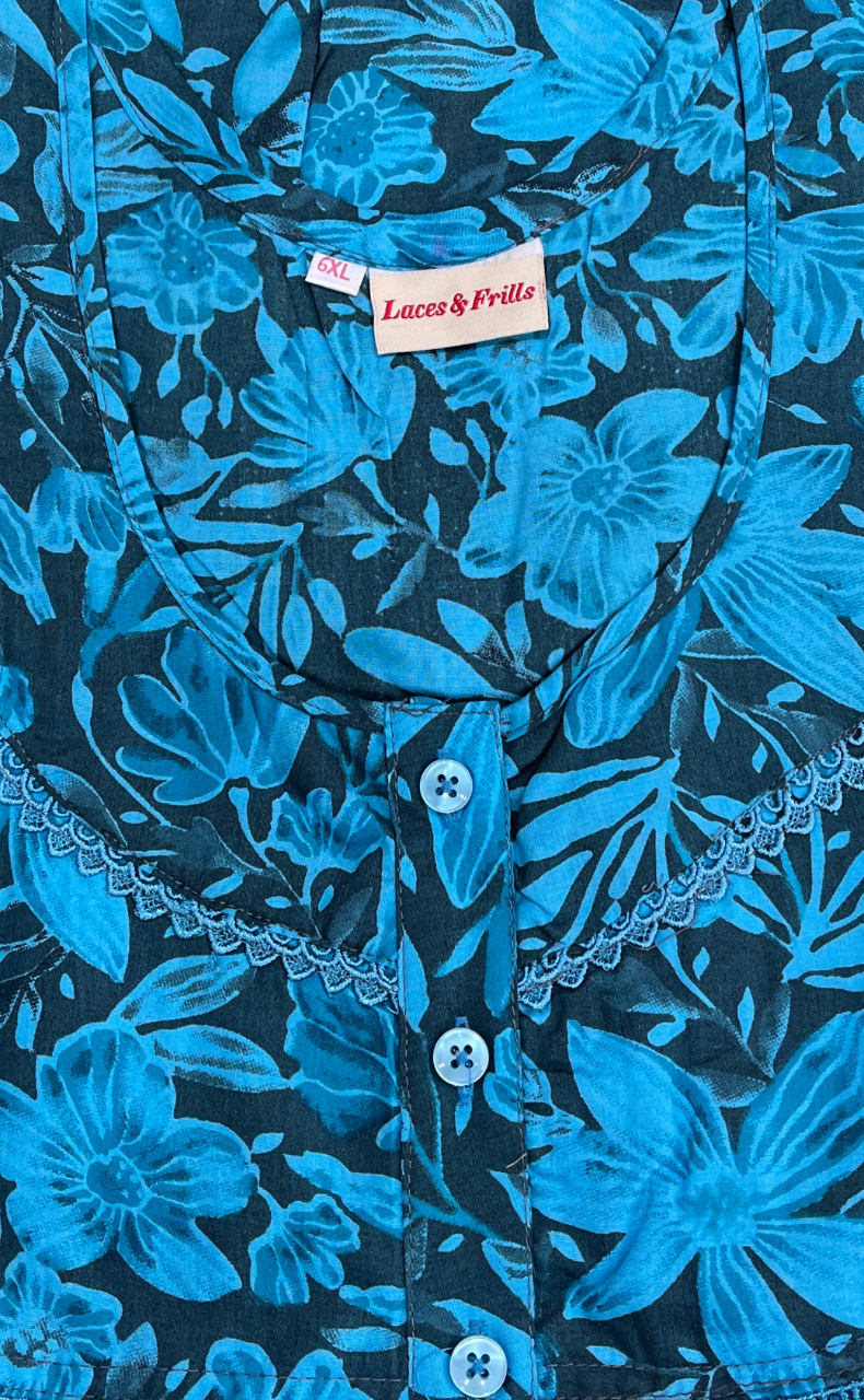 Sky Blue Floral Soft Cotton Nighty. Soft Breathable Fabric | Laces and Frills