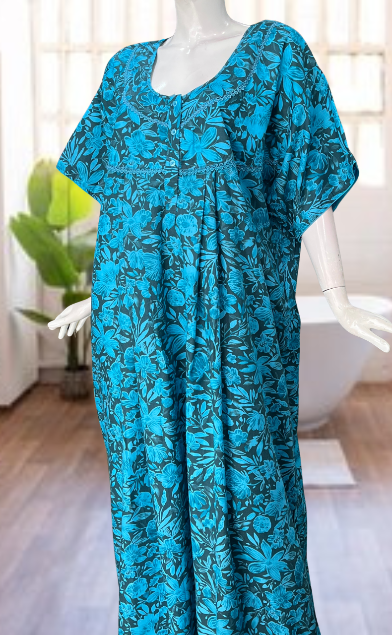 Sky Blue Floral Soft Cotton Nighty. Soft Breathable Fabric | Laces and Frills