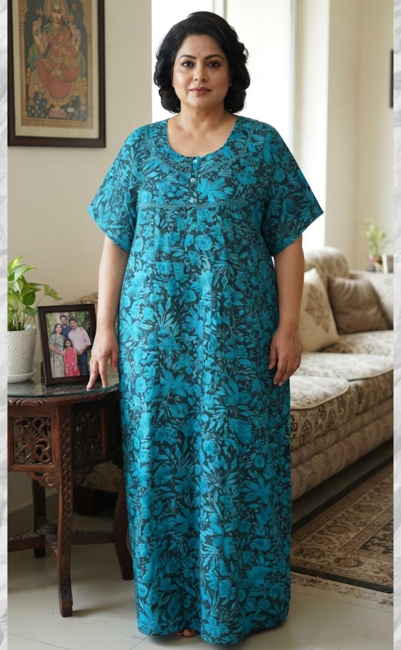 Sky Blue Floral Soft Cotton Nighty. Soft Breathable Fabric | Laces and Frills
