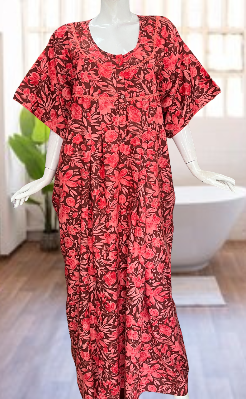Red Floral Soft Cotton Nighty. Soft Breathable Fabric | Laces and Frills