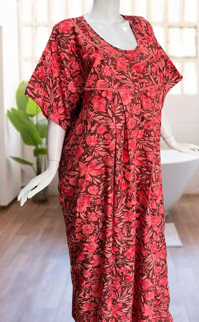 Red Floral Soft Cotton Nighty. Soft Breathable Fabric | Laces and Frills