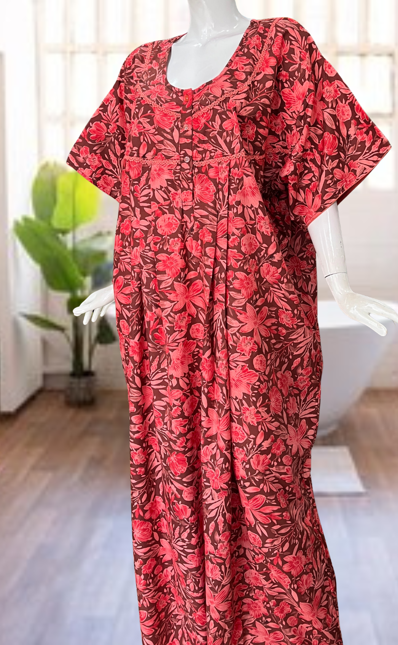 Red Floral Soft Cotton Nighty. Soft Breathable Fabric | Laces and Frills