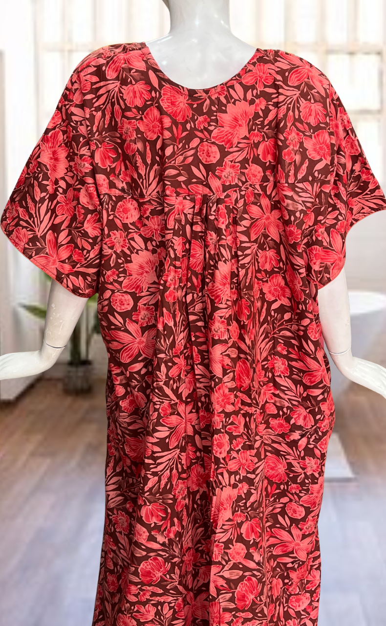 Red Floral Soft Cotton Nighty. Soft Breathable Fabric | Laces and Frills