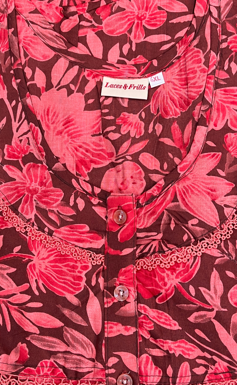 Red Floral Soft Cotton Nighty. Soft Breathable Fabric | Laces and Frills