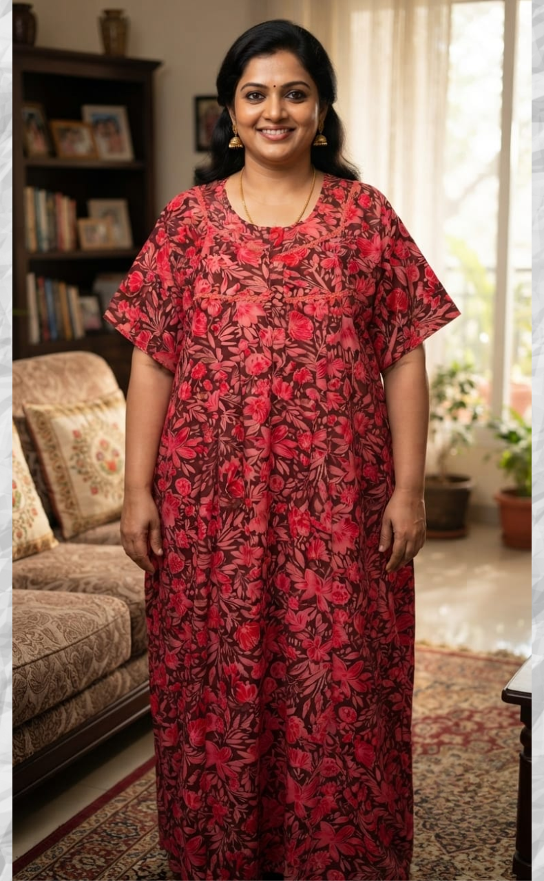 Red Floral Soft Cotton Nighty. Soft Breathable Fabric | Laces and Frills