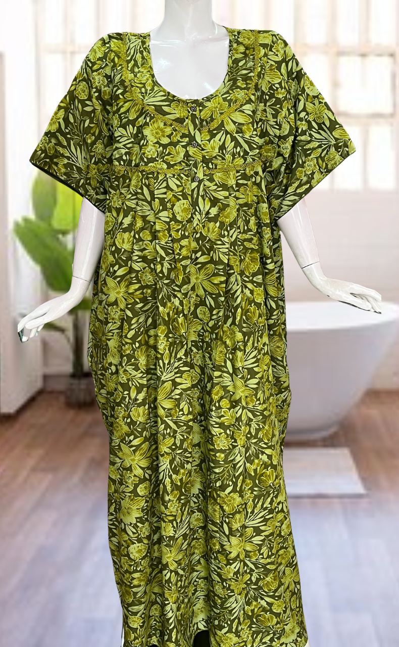 Green Floral Soft Cotton Nighty. Soft Breathable Fabric | Laces and Frills