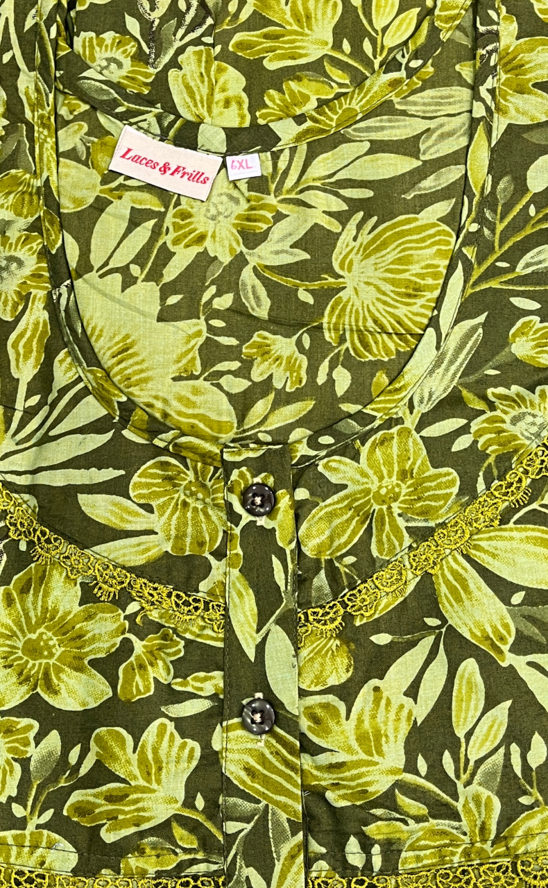 Green Floral Soft Cotton Nighty. Soft Breathable Fabric | Laces and Frills