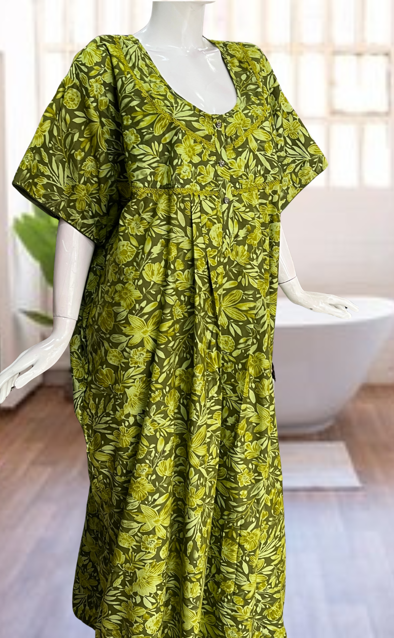 Green Floral Soft Cotton Nighty. Soft Breathable Fabric | Laces and Frills