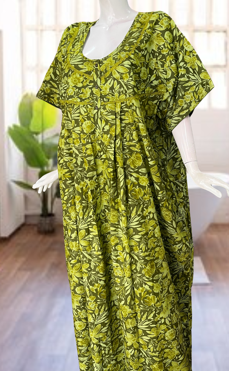 Green Floral Soft Cotton Nighty. Soft Breathable Fabric | Laces and Frills