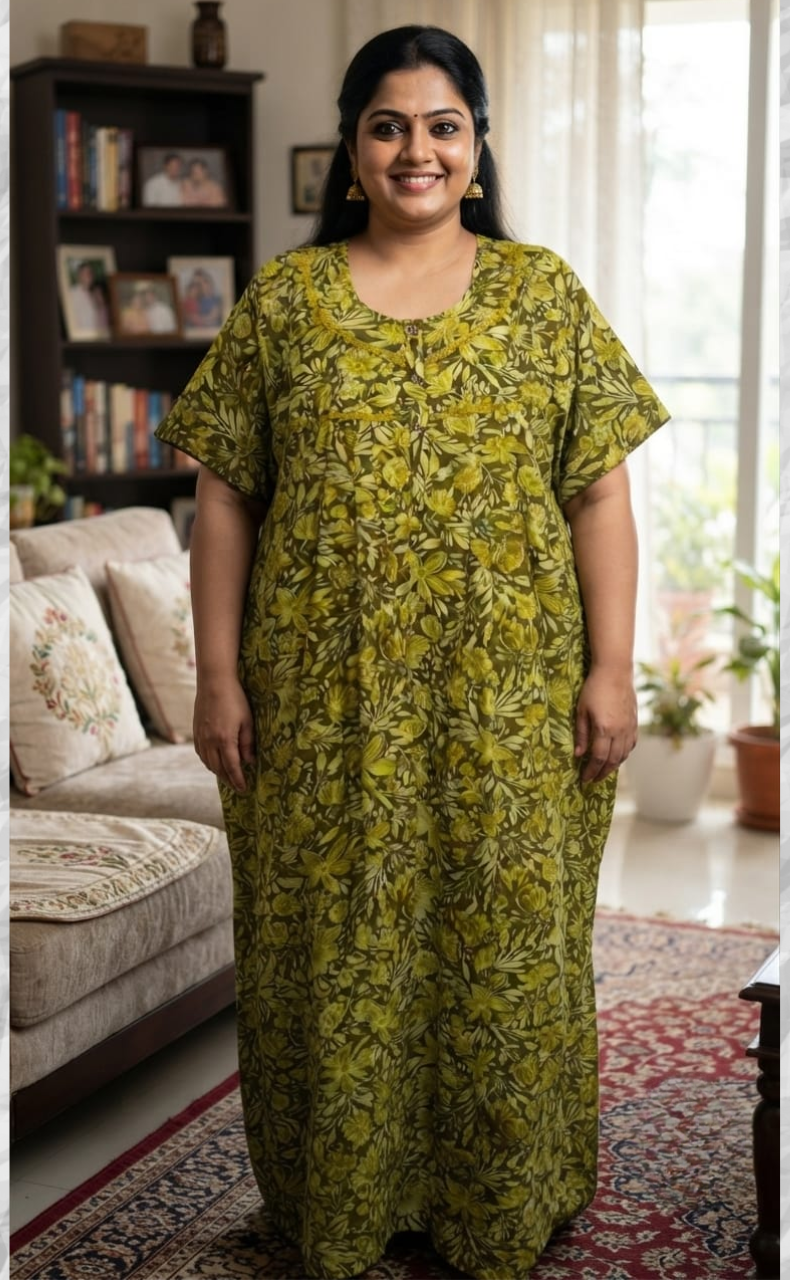 Green Floral Soft Cotton Nighty. Soft Breathable Fabric | Laces and Frills