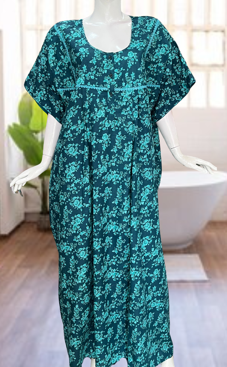 Sea Green Garden Soft Cotton Nighty. Soft Breathable Fabric | Laces and Frills