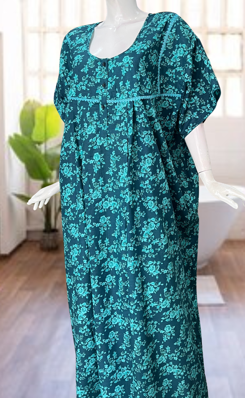 Sea Green Garden Soft Cotton Nighty. Soft Breathable Fabric | Laces and Frills