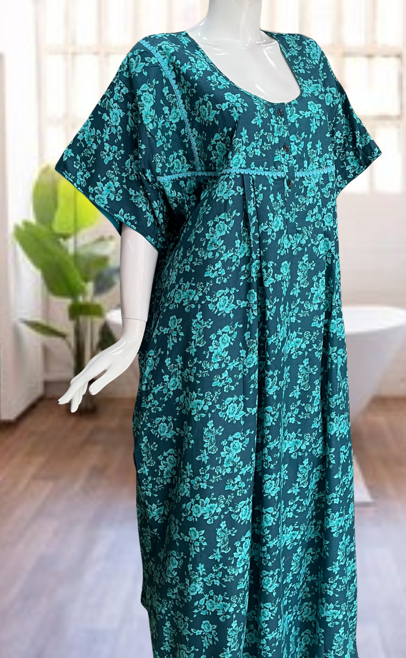 Sea Green Garden Soft Cotton Nighty. Soft Breathable Fabric | Laces and Frills