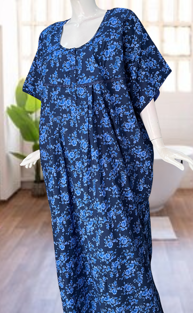 Blue Garden Soft Cotton Nighty. Soft Breathable Fabric | Laces and Frills