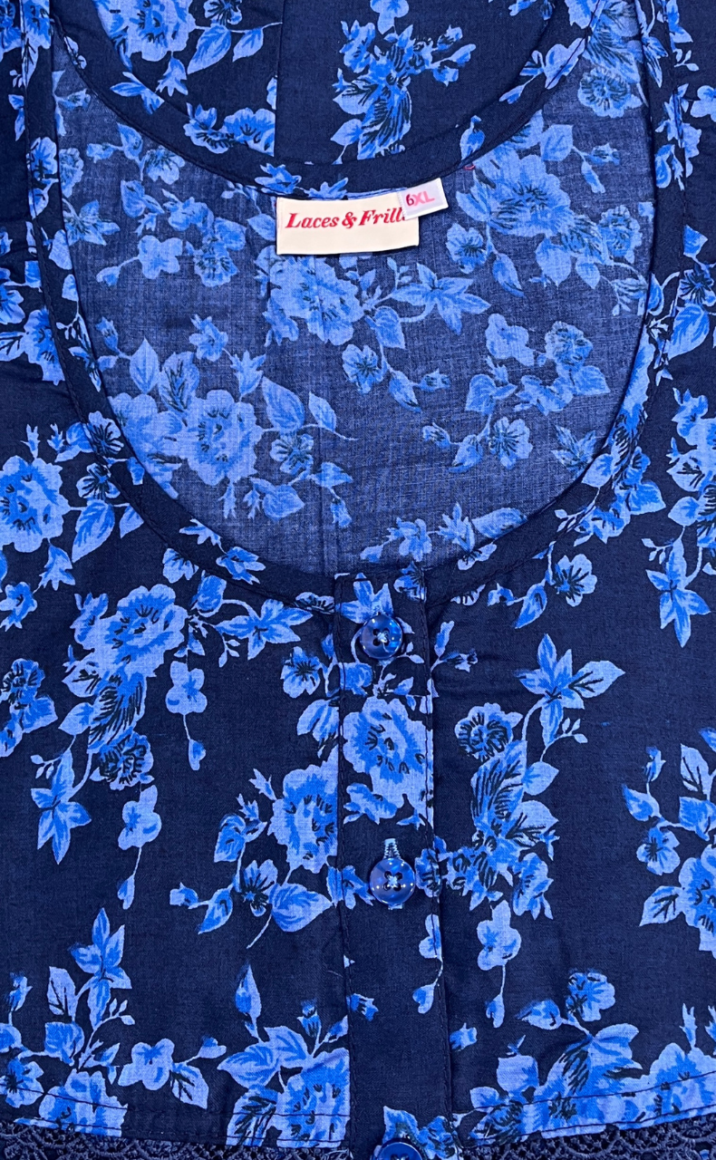 Blue Garden Soft Cotton Nighty. Soft Breathable Fabric | Laces and Frills