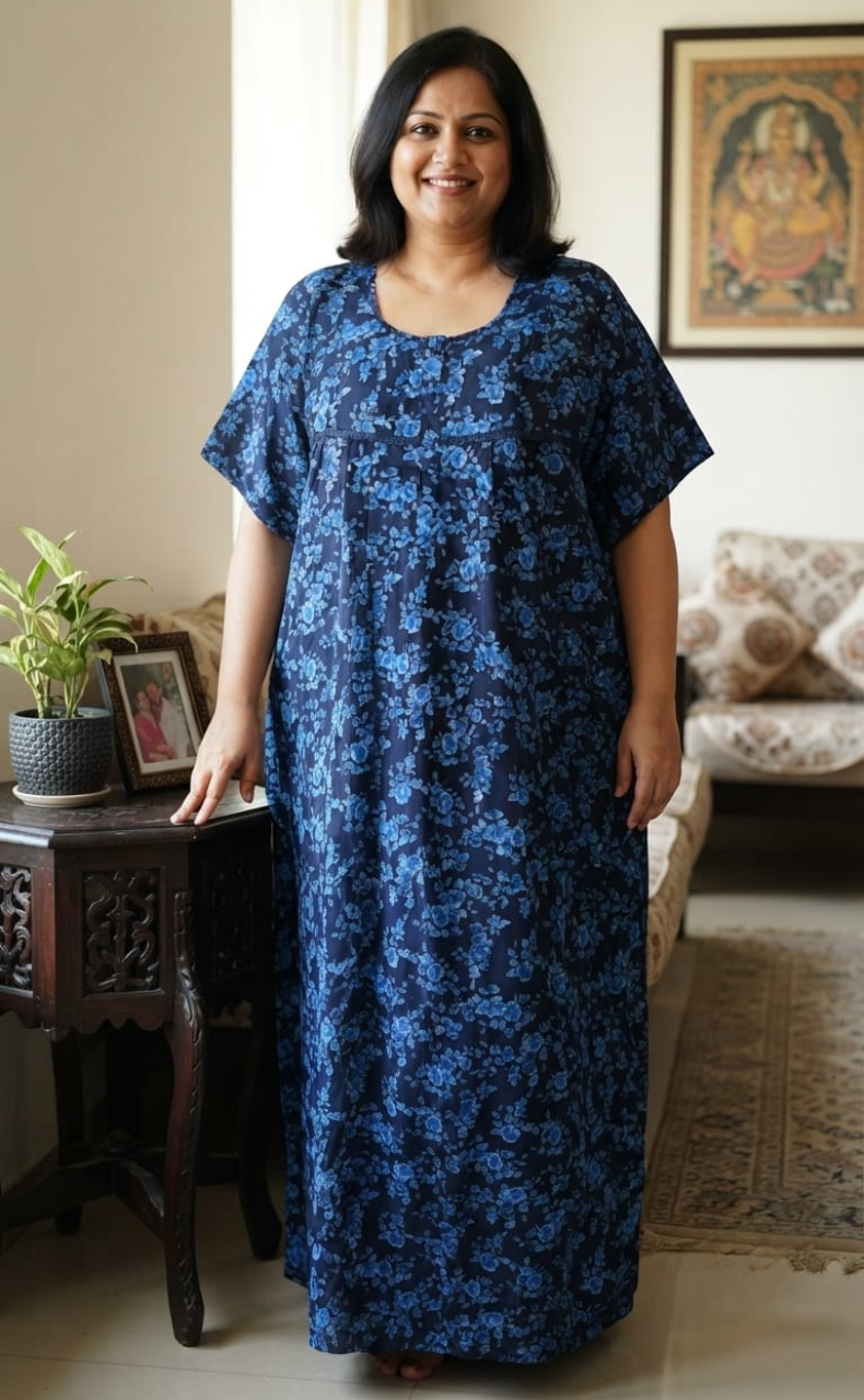 Blue Garden Soft Cotton Nighty. Soft Breathable Fabric | Laces and Frills