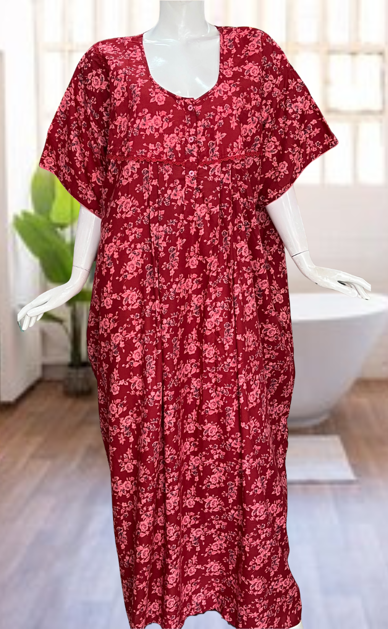 Red Garden Soft Cotton Nighty. Soft Breathable Fabric | Laces and Frills