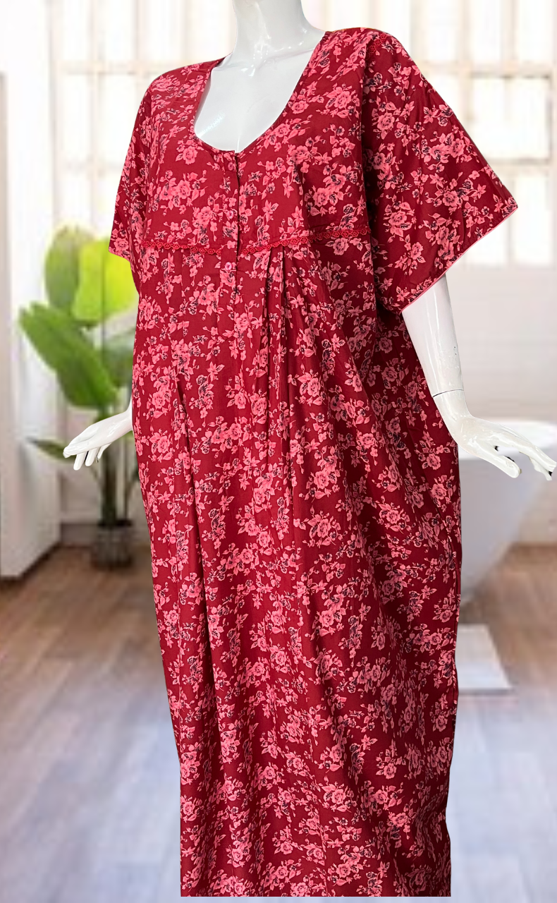Red Garden Soft Cotton Nighty. Soft Breathable Fabric | Laces and Frills