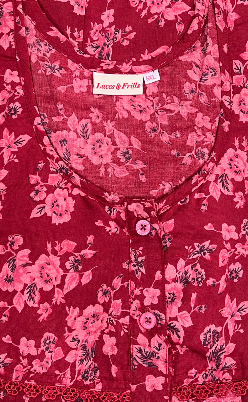 Red Garden Soft Cotton Nighty. Soft Breathable Fabric | Laces and Frills
