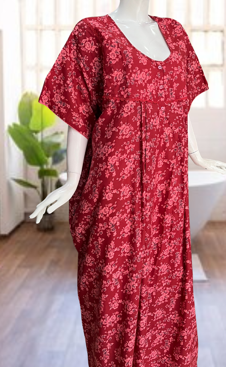 Red Garden Soft Cotton Nighty. Soft Breathable Fabric | Laces and Frills