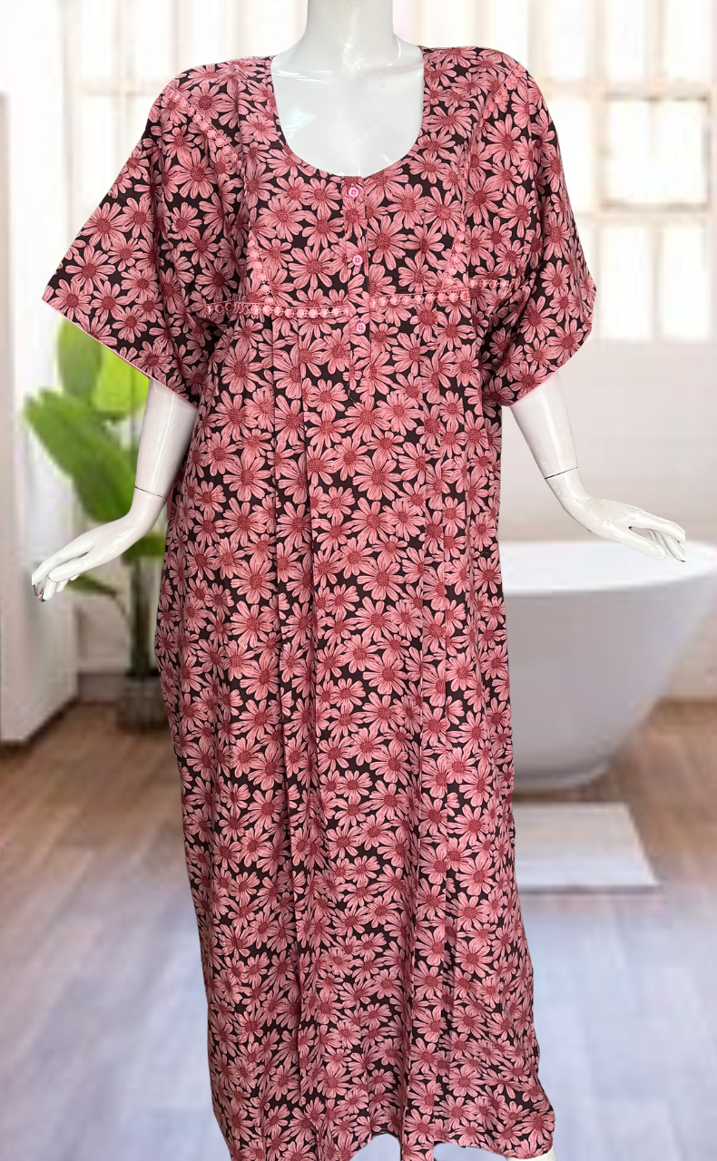 Pink Floral Soft Cotton Nighty. Soft Breathable Fabric | Laces and Frills