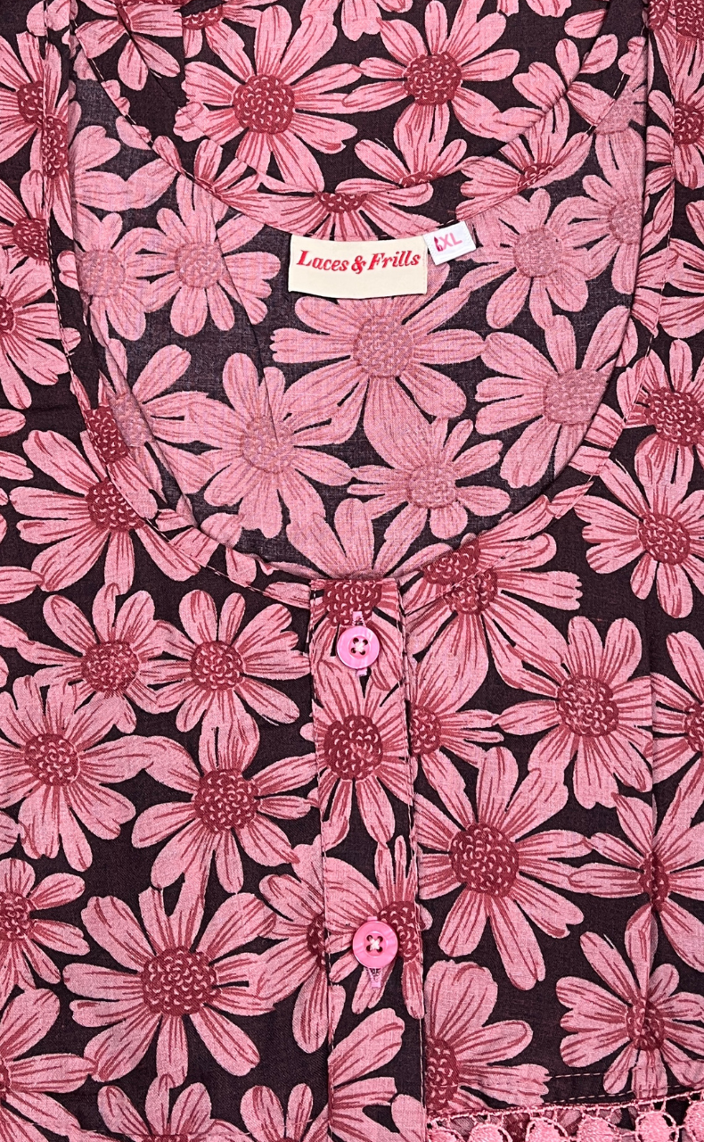 Pink Floral Soft Cotton Nighty. Soft Breathable Fabric | Laces and Frills