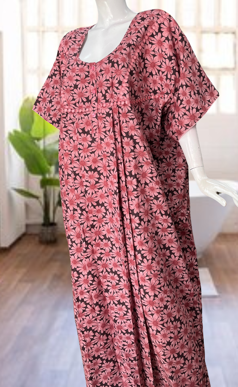 Pink Floral Soft Cotton Nighty. Soft Breathable Fabric | Laces and Frills