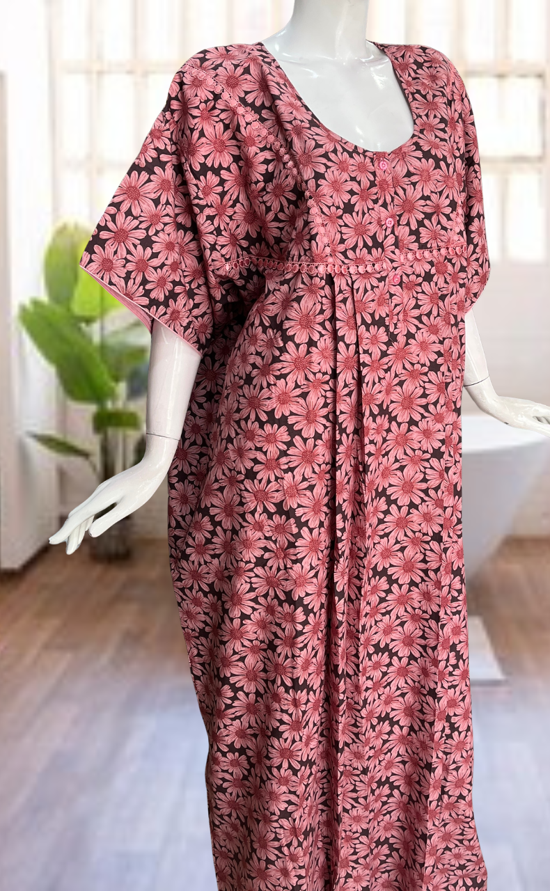 Pink Floral Soft Cotton Nighty. Soft Breathable Fabric | Laces and Frills