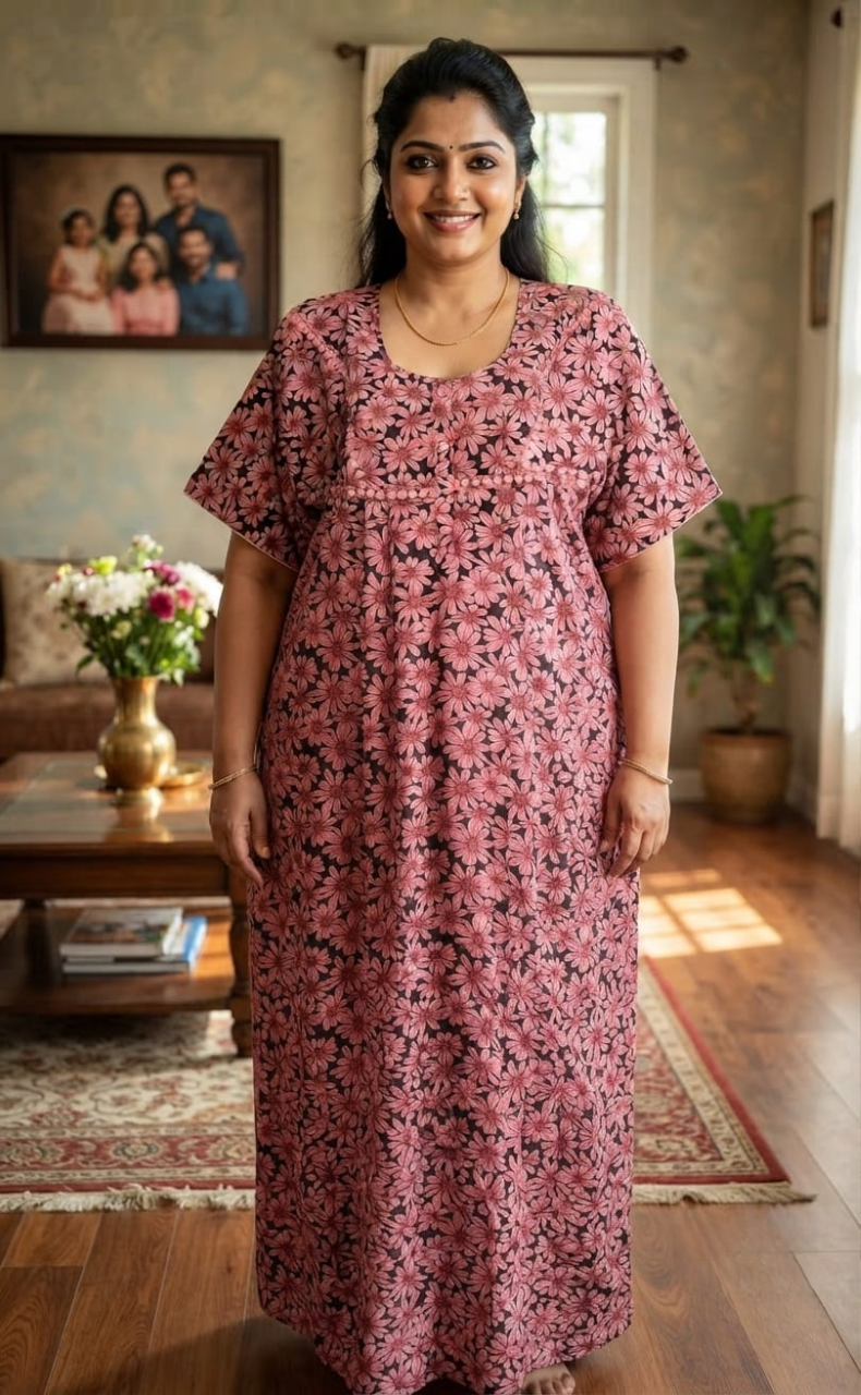 Pink Floral Soft Cotton Nighty. Soft Breathable Fabric | Laces and Frills