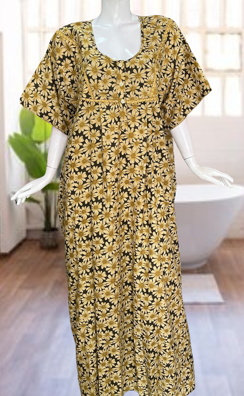 Yellow Floral Soft Cotton Nighty. Soft Breathable Fabric | Laces and Frills