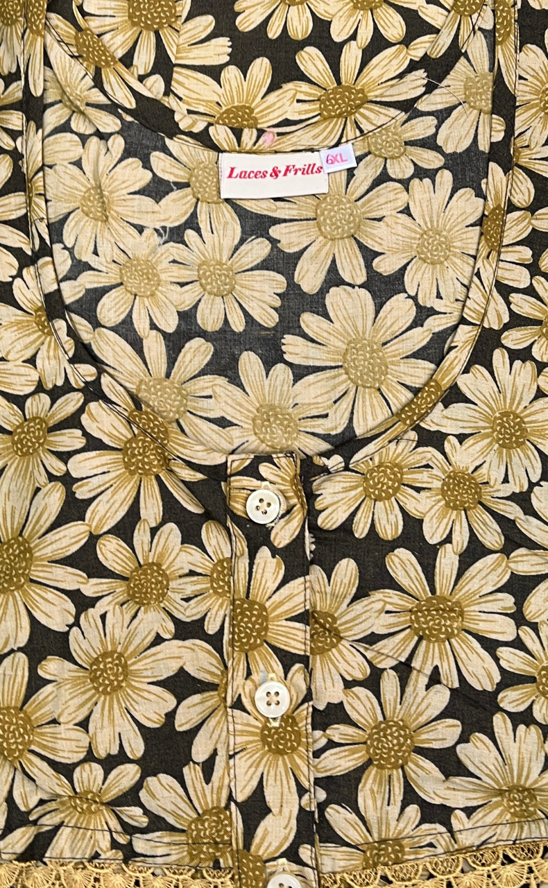 Yellow Floral Soft Cotton Nighty. Soft Breathable Fabric | Laces and Frills