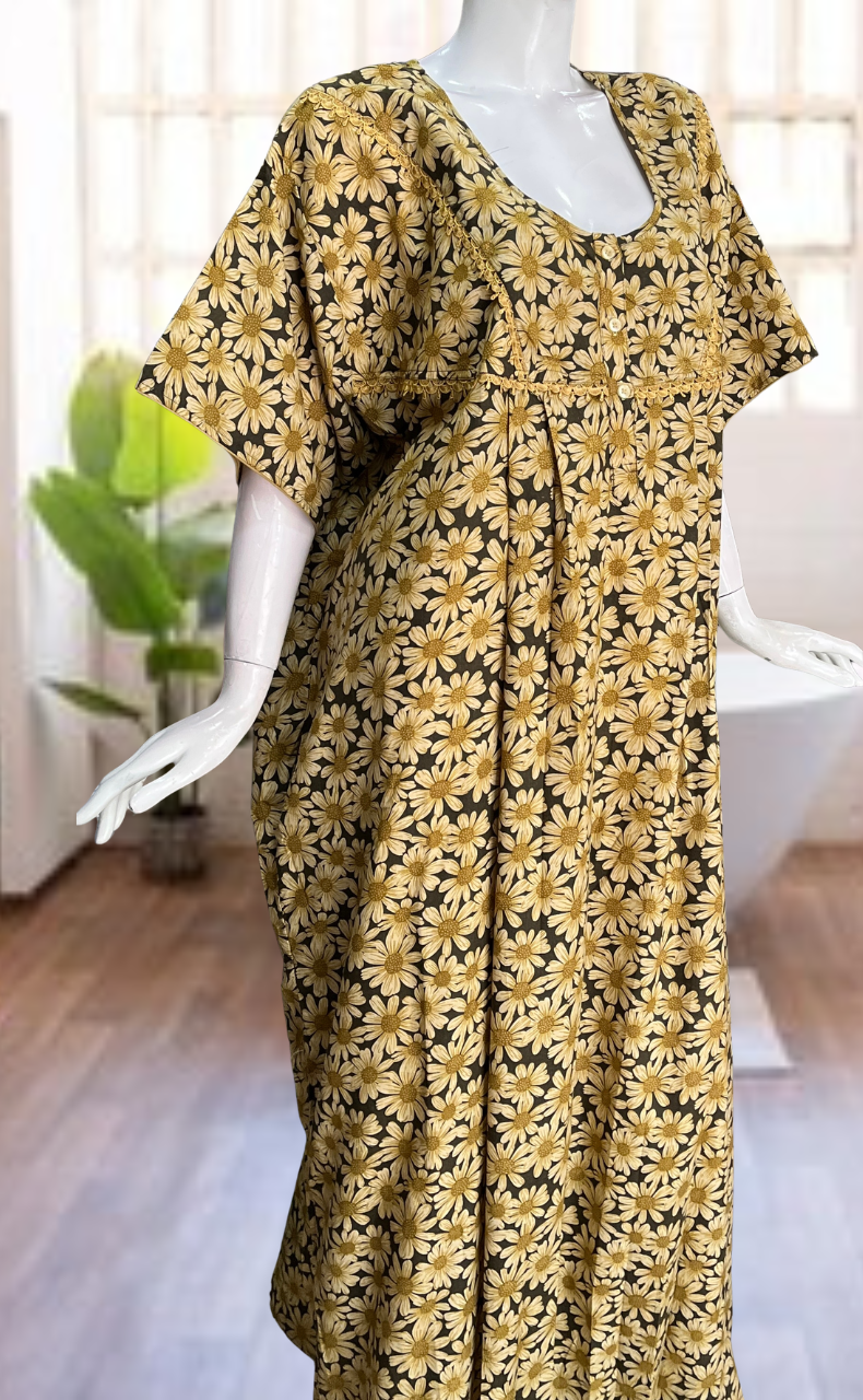 Yellow Floral Soft Cotton Nighty. Soft Breathable Fabric | Laces and Frills