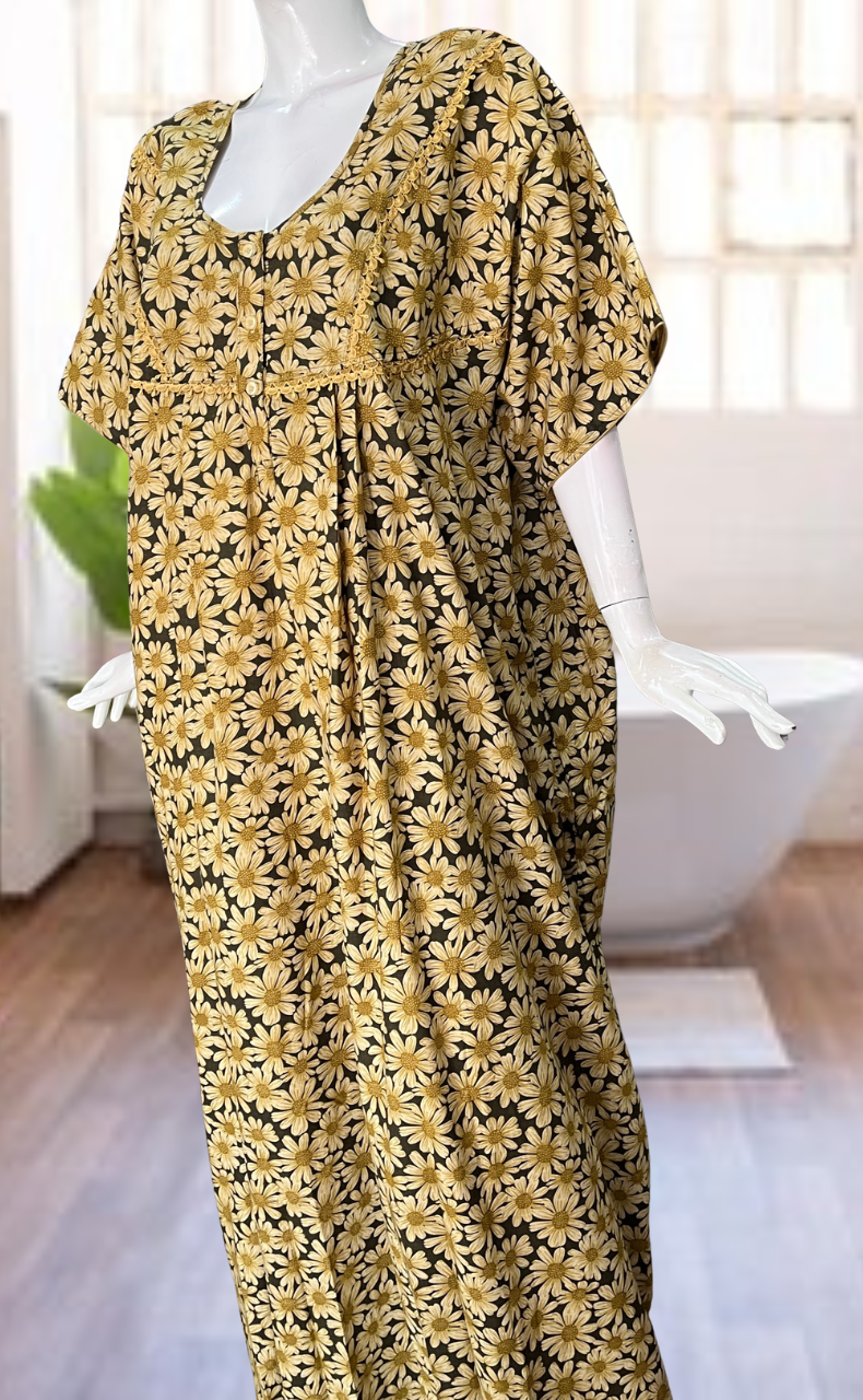 Yellow Floral Soft Cotton Nighty. Soft Breathable Fabric | Laces and Frills