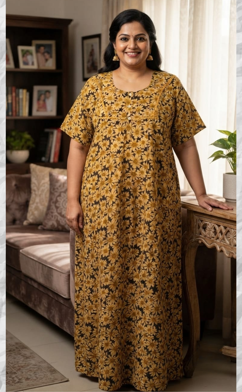 Yellow Floral Soft Cotton Nighty. Soft Breathable Fabric | Laces and Frills