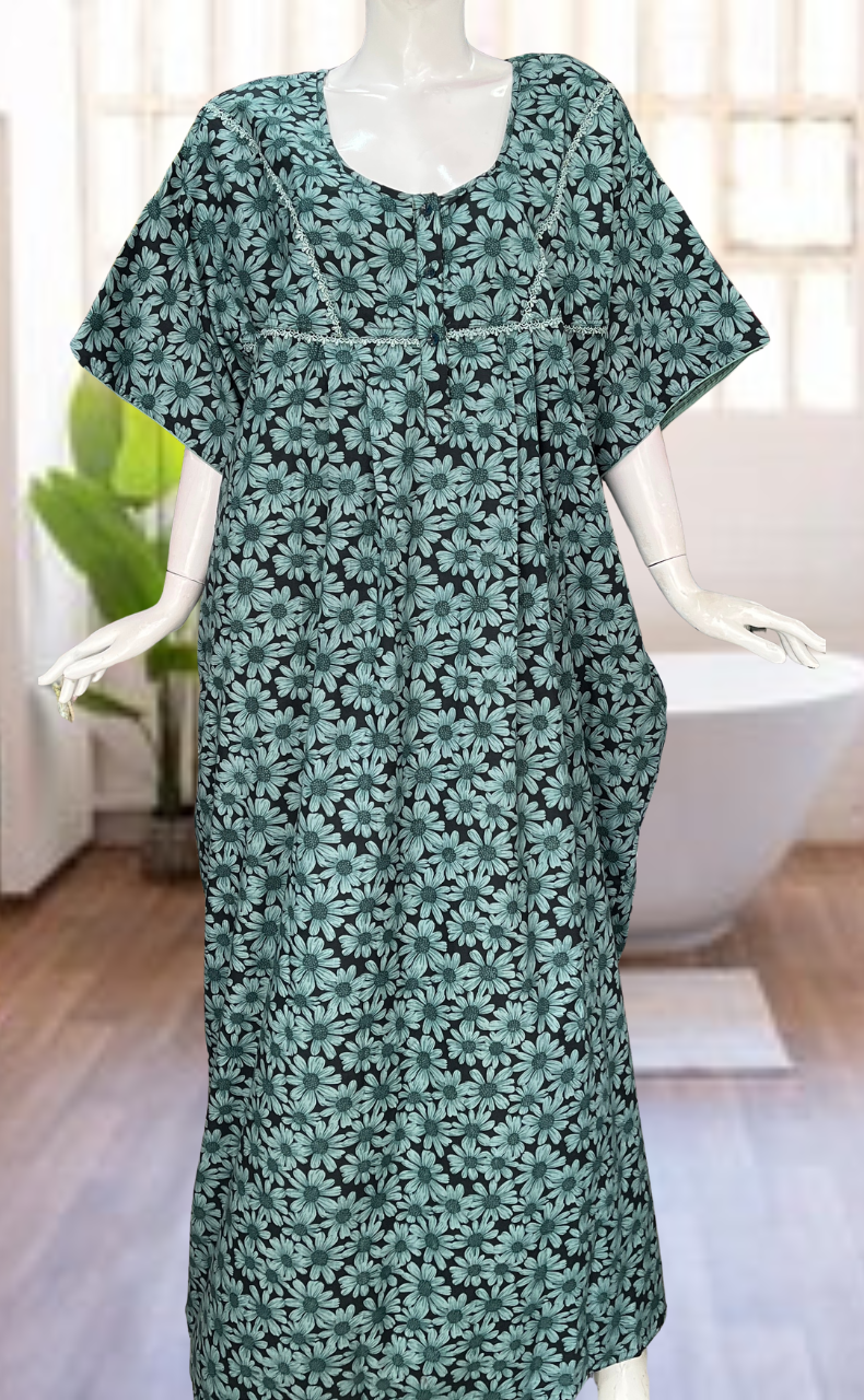 Light Green Floral Soft Cotton Nighty. Soft Breathable Fabric | Laces and Frills