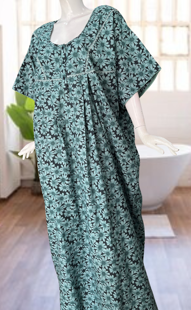 Light Green Floral Soft Cotton Nighty. Soft Breathable Fabric | Laces and Frills