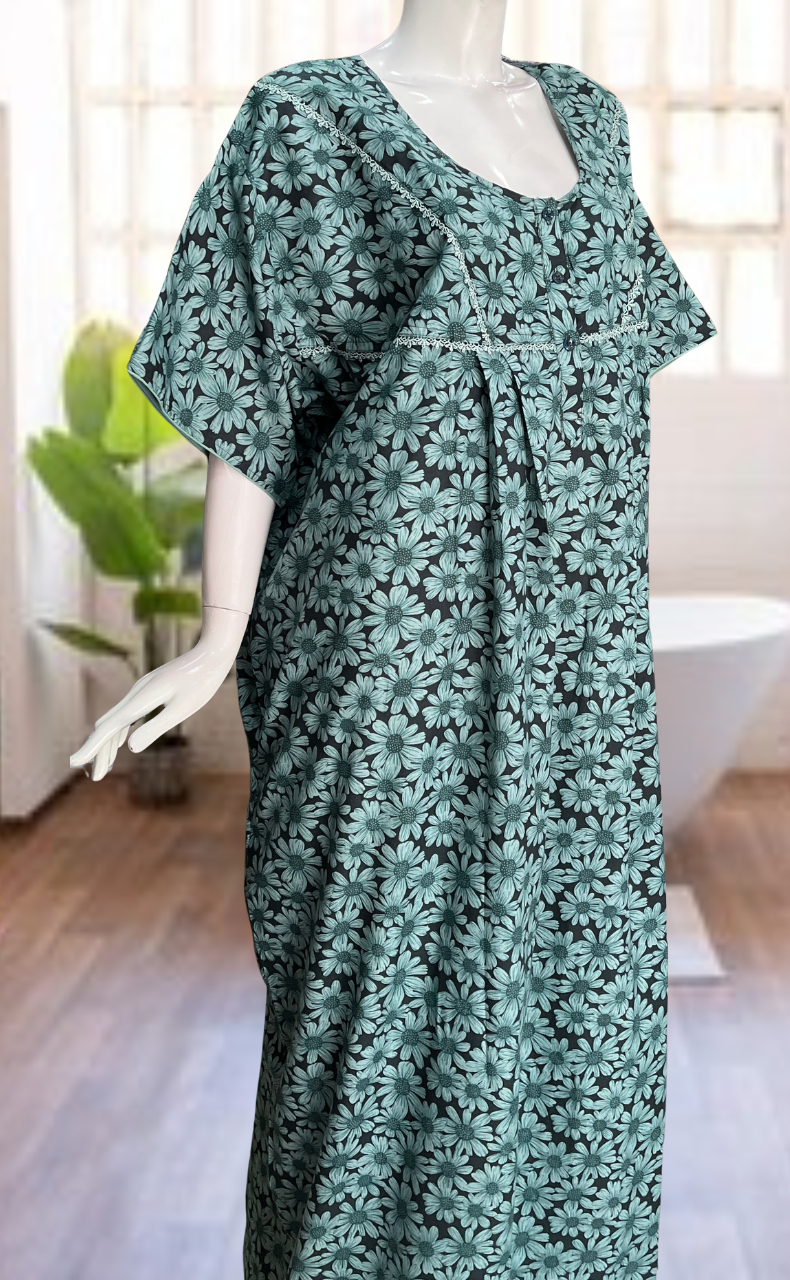 Light Green Floral Soft Cotton Nighty. Soft Breathable Fabric | Laces and Frills