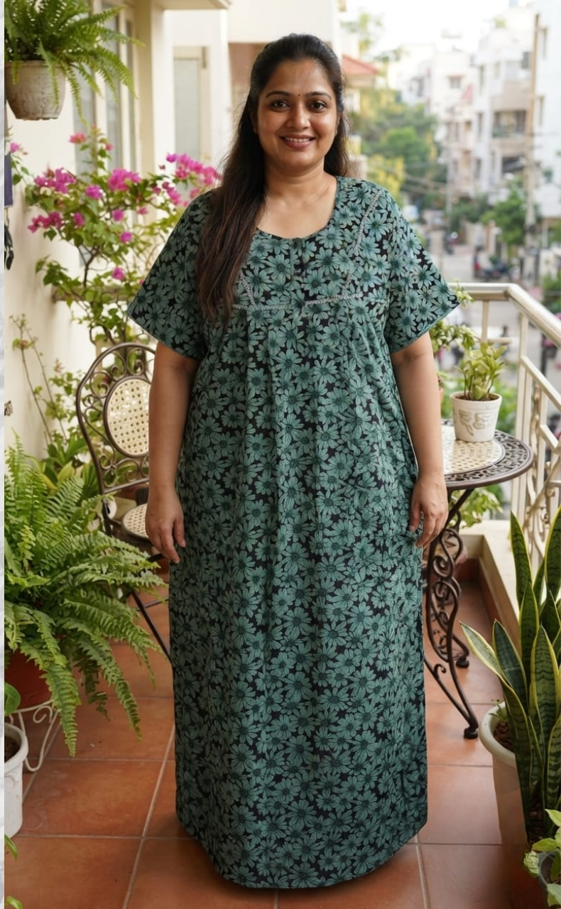 Light Green Floral Soft Cotton Nighty. Soft Breathable Fabric | Laces and Frills
