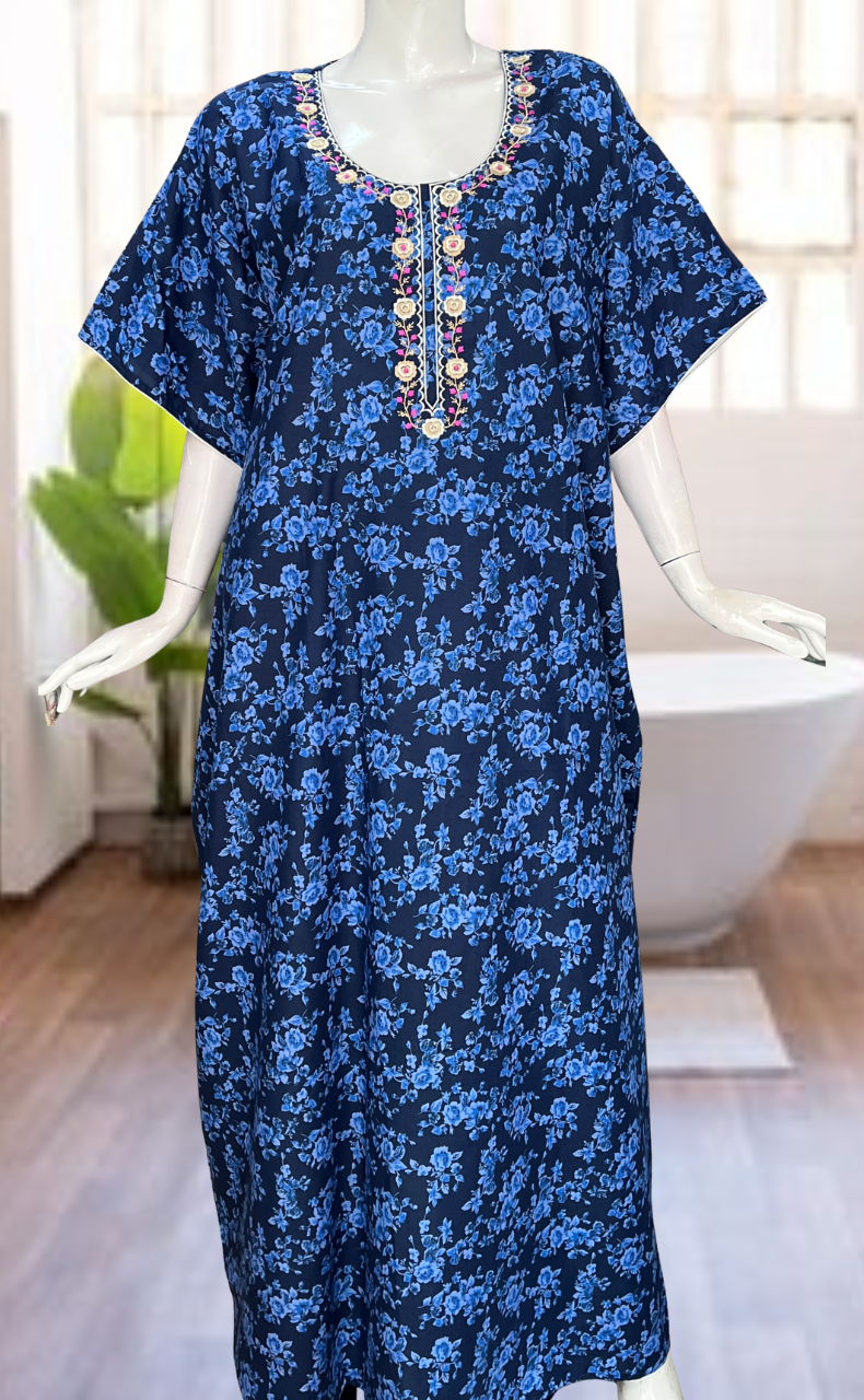 Blue Garden Soft Cotton Nighty. Soft Breathable Fabric | Laces and Frills