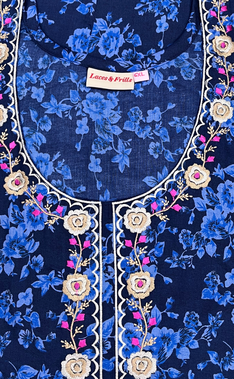 Blue Garden Soft Cotton Nighty. Soft Breathable Fabric | Laces and Frills