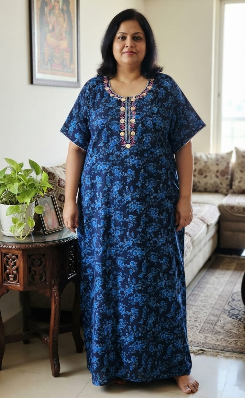Blue Garden Soft Cotton Nighty. Soft Breathable Fabric | Laces and Frills