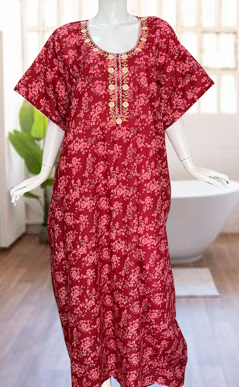 Red Garden Soft Cotton Nighty. Soft Breathable Fabric | Laces and Frills