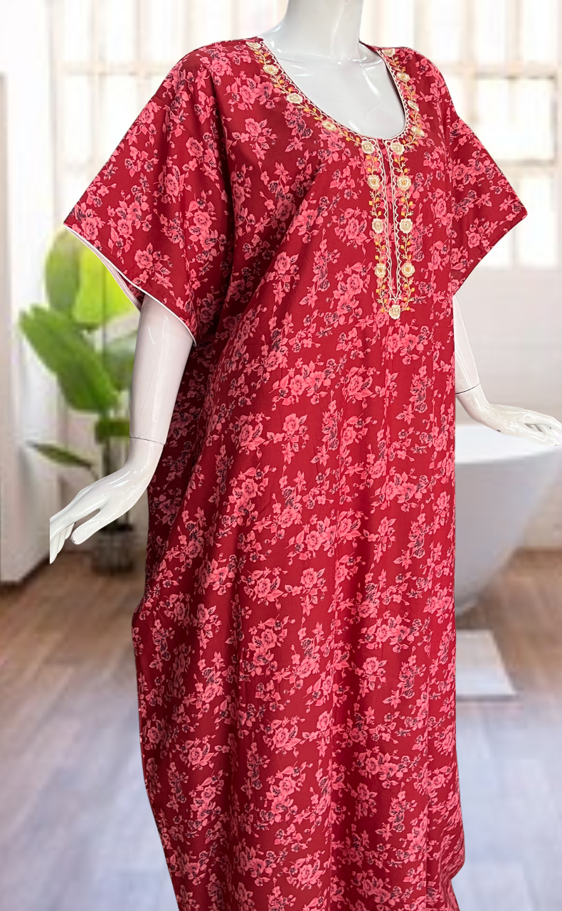 Red Garden Soft Cotton Nighty. Soft Breathable Fabric | Laces and Frills